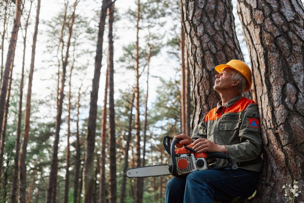 A man with a chainsaw is pictured taking a break