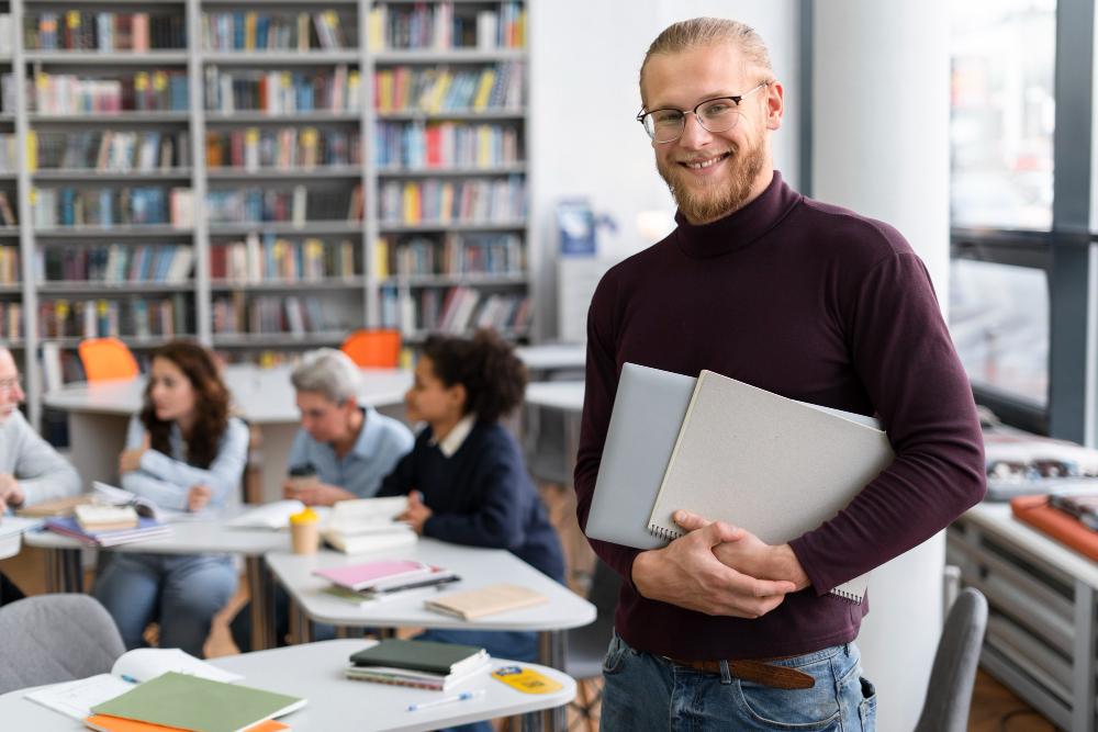 A photograph of a college professor standing at the front of a class