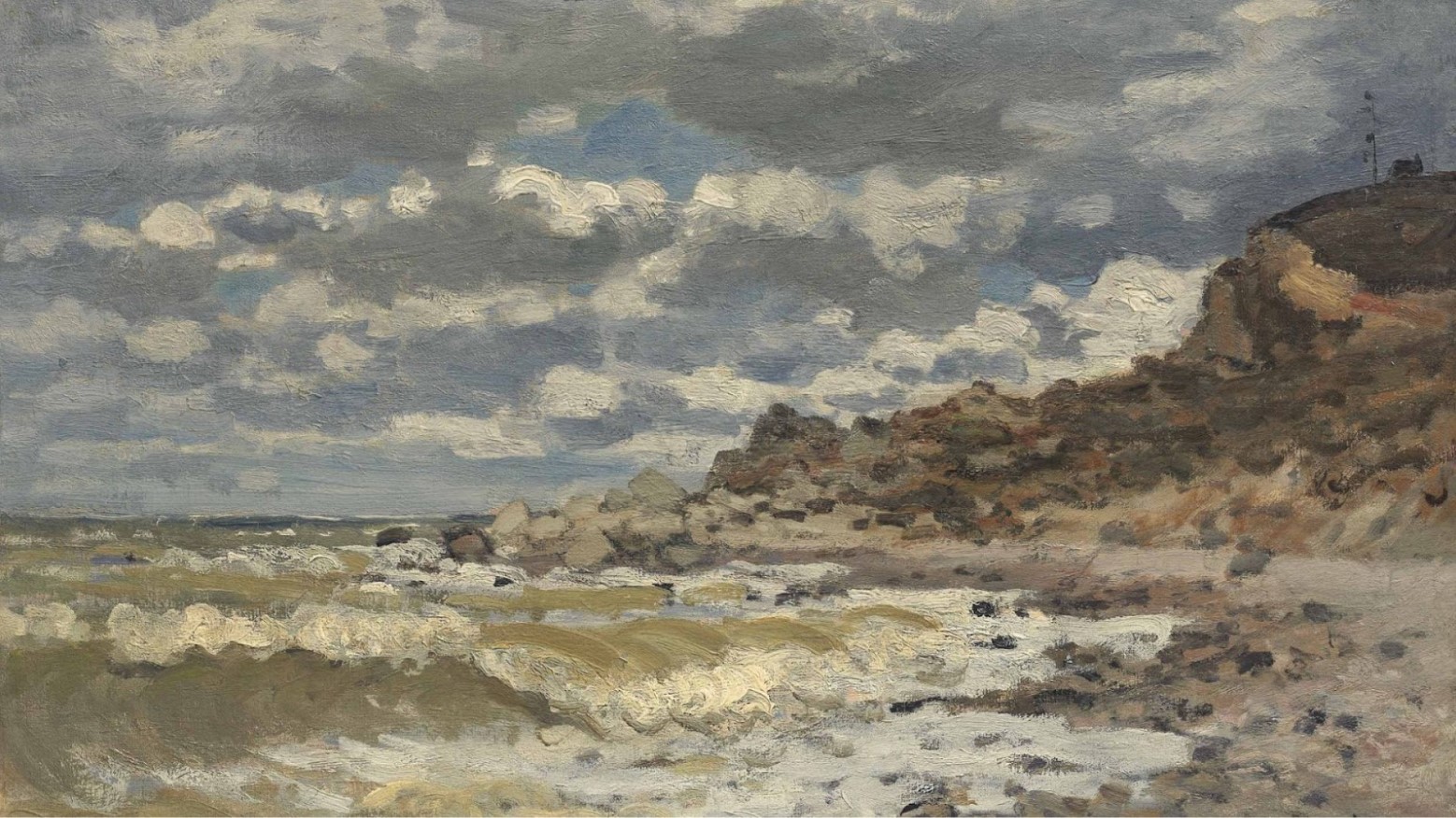 Bord de Mer painting by Monet. The painting shows clouds in the sky, waves in the sea, the sand on the beach and clifftops.