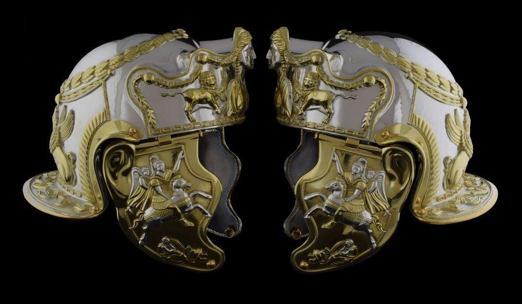 Two replicas of the Hallaton Helmet on display at the Harborough Museum