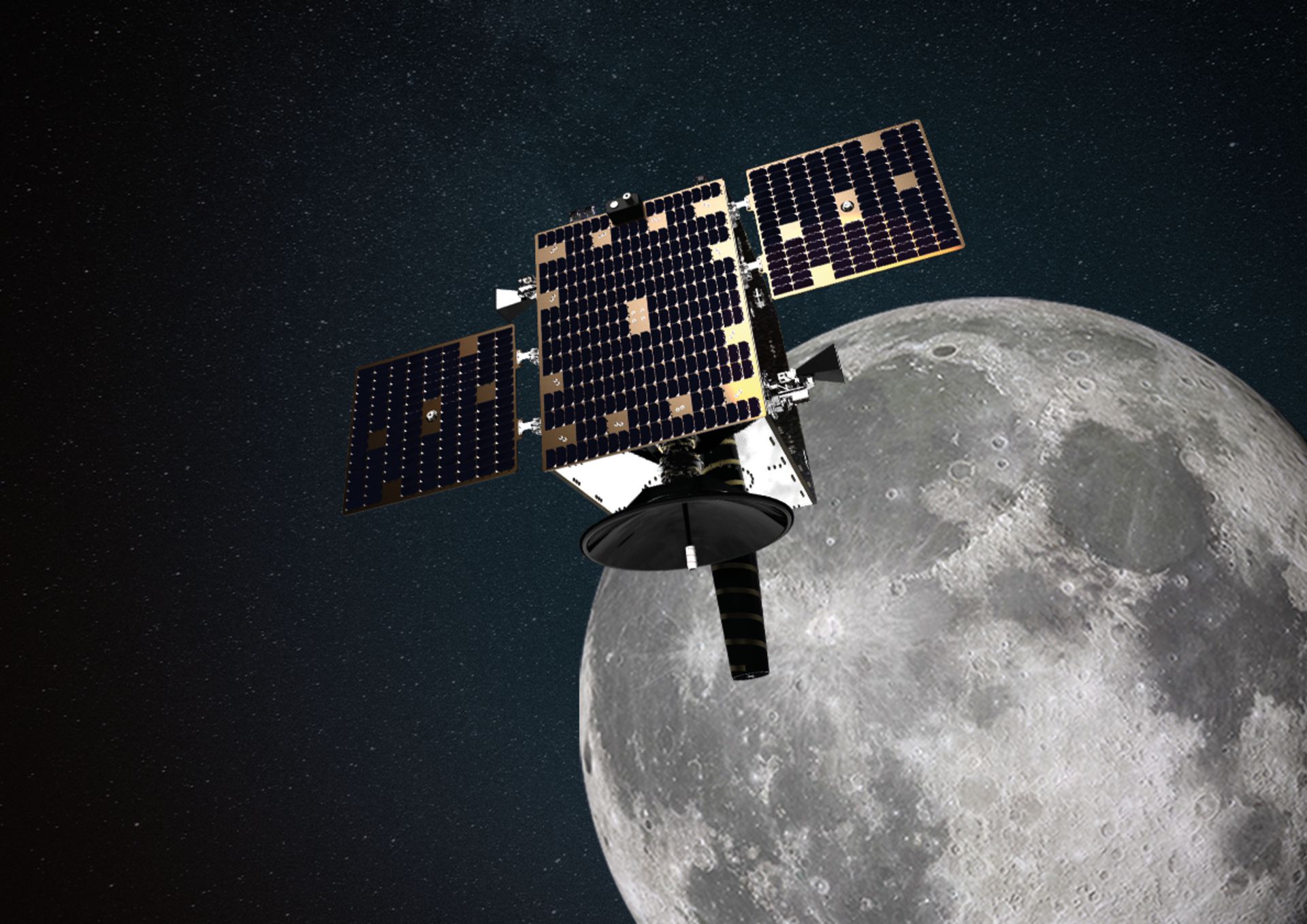 A photograph of a satellite in space in front of the Moon