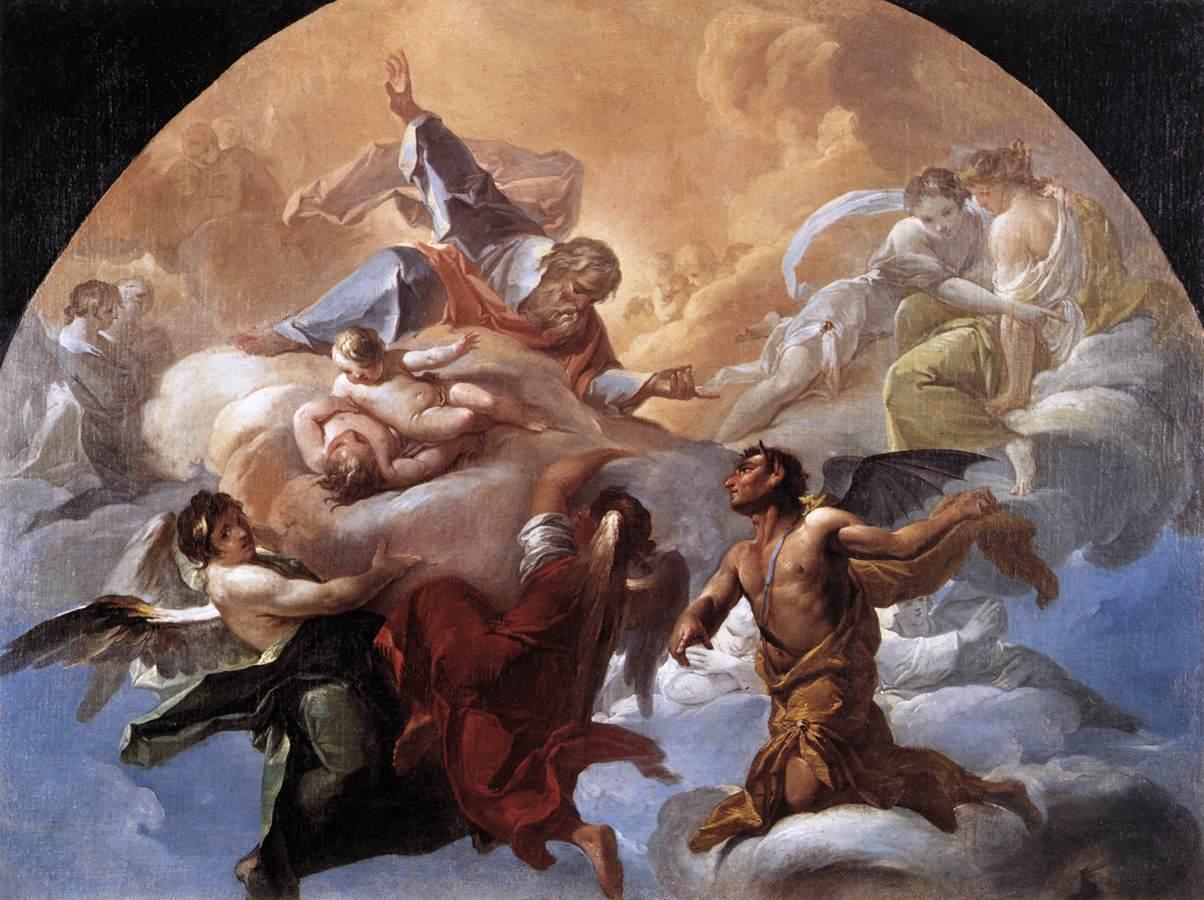 A painting depicting Satan standing before the Lord