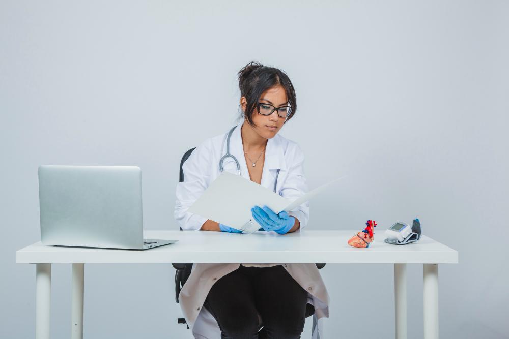 A photograph of a female researcher at her desk