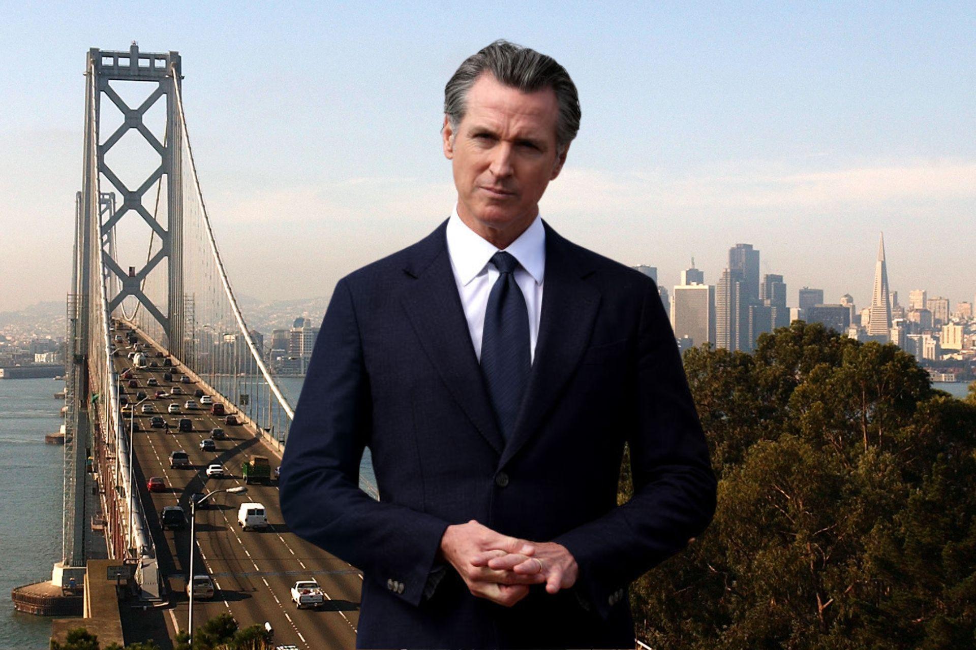 A photograph of a Gavin Newsom/A photograph of San Francisco's Bay Bridge