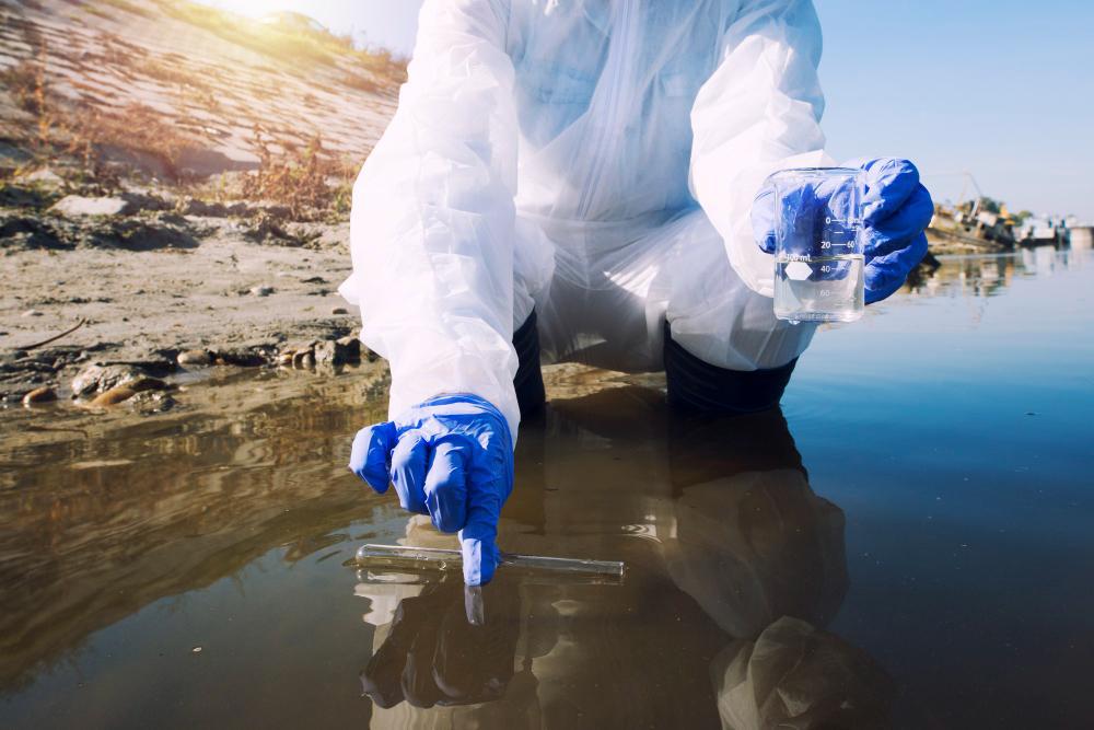 A female researcher is pictured in her white jumpsuit taking a water sample