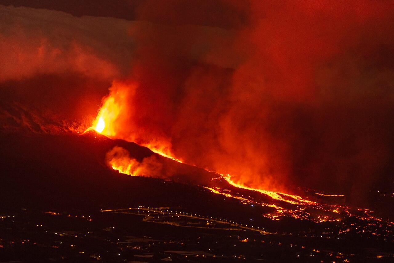 A photograph of lava flowing downhill