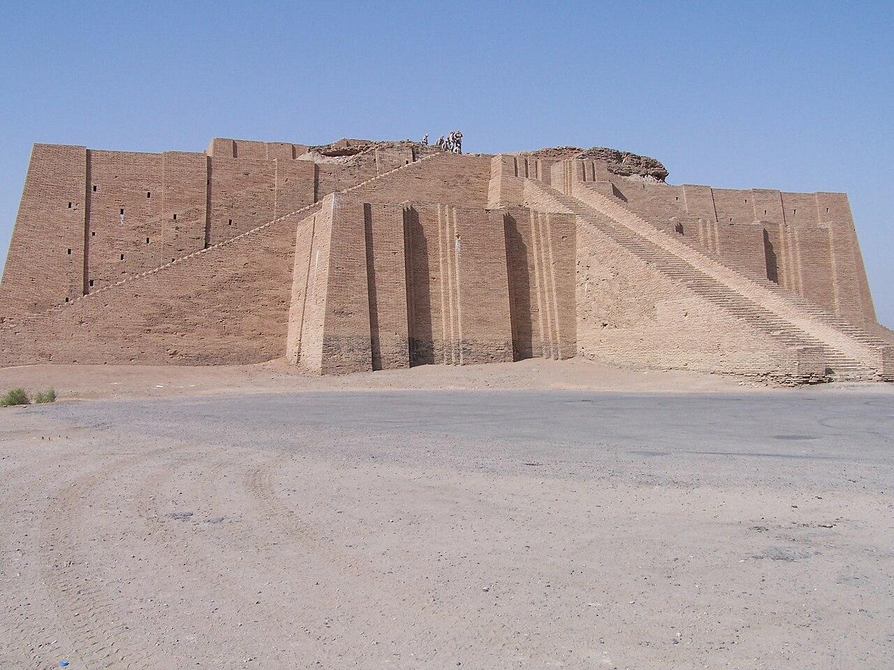 Partially reconstructed facade and access staircase of the Ziggurat of Ur originally built by Ur-Nammu