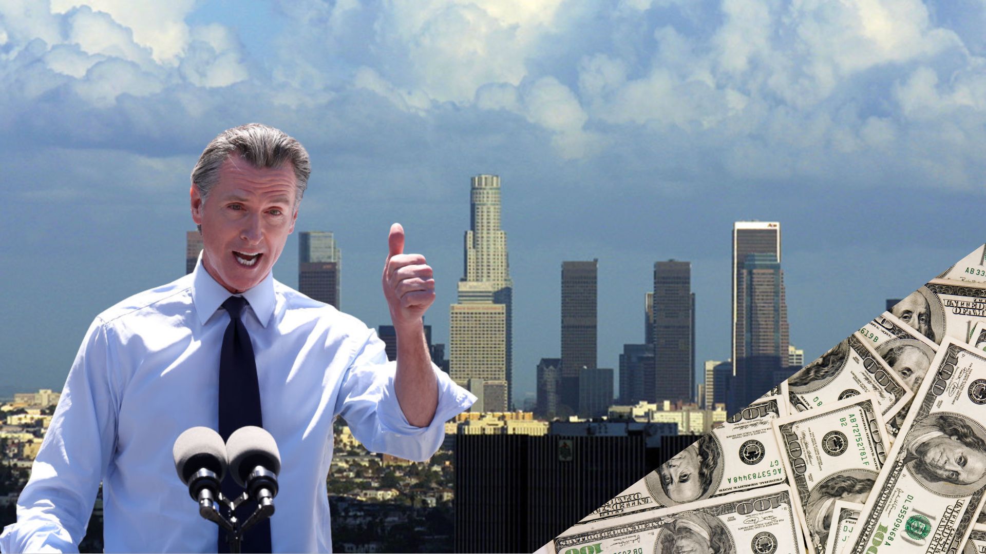 A photograph of the Los Angeles skyline during the daytime/Gavin Newsom is pictured with his thumb up in California