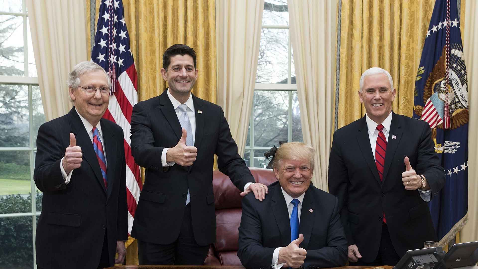 Donald Trump, Mike Pence, Paul Ryan, and McConnell celebrate the passage of the Tax Cuts and Jobs Act of 2017, December 2017.