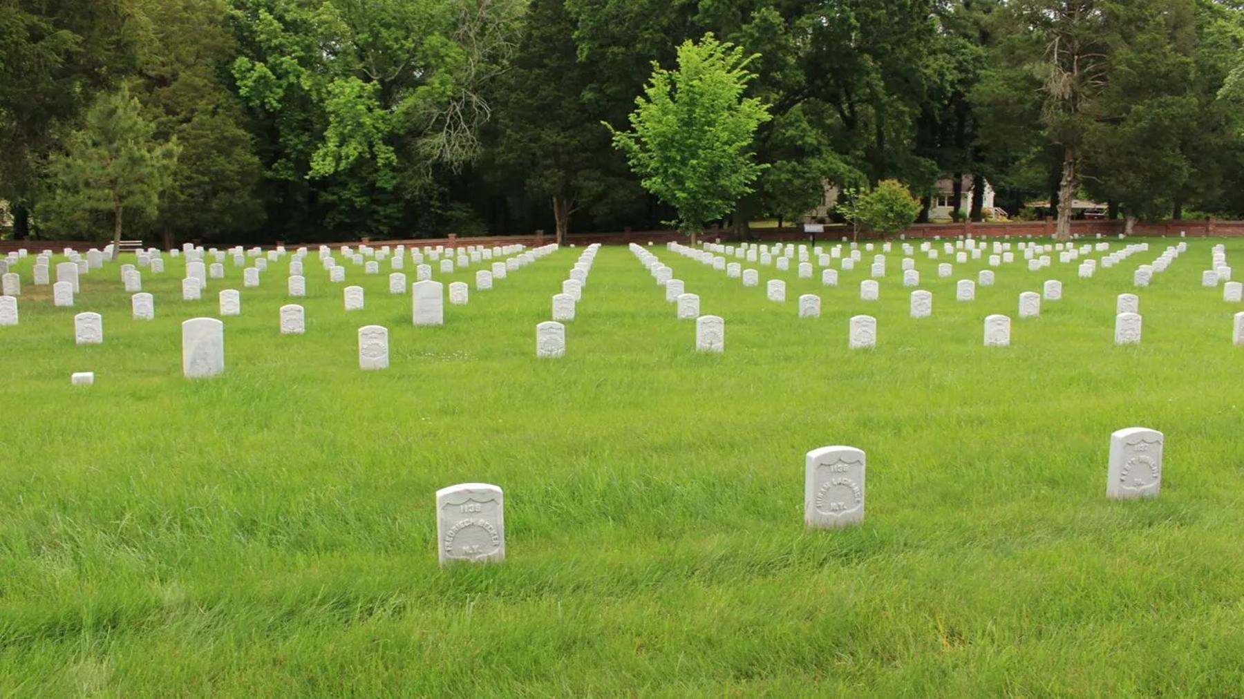 A photograph of many headstones at The Poplar Grove National Cemetery