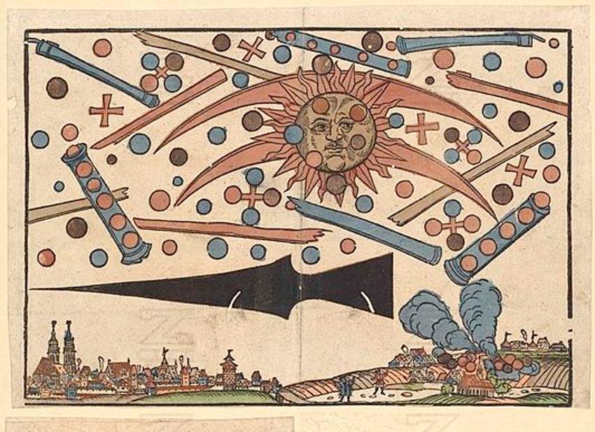 A drawing of the celestial phenomenon over the German city of Nuremberg on April 14, 1561