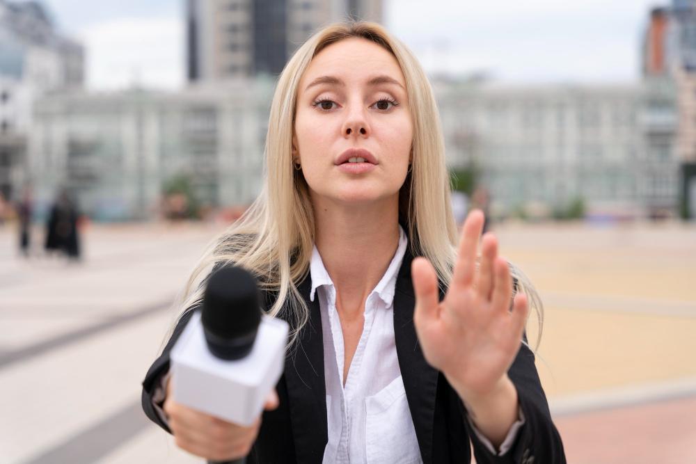 A female reporter is pictured on the street