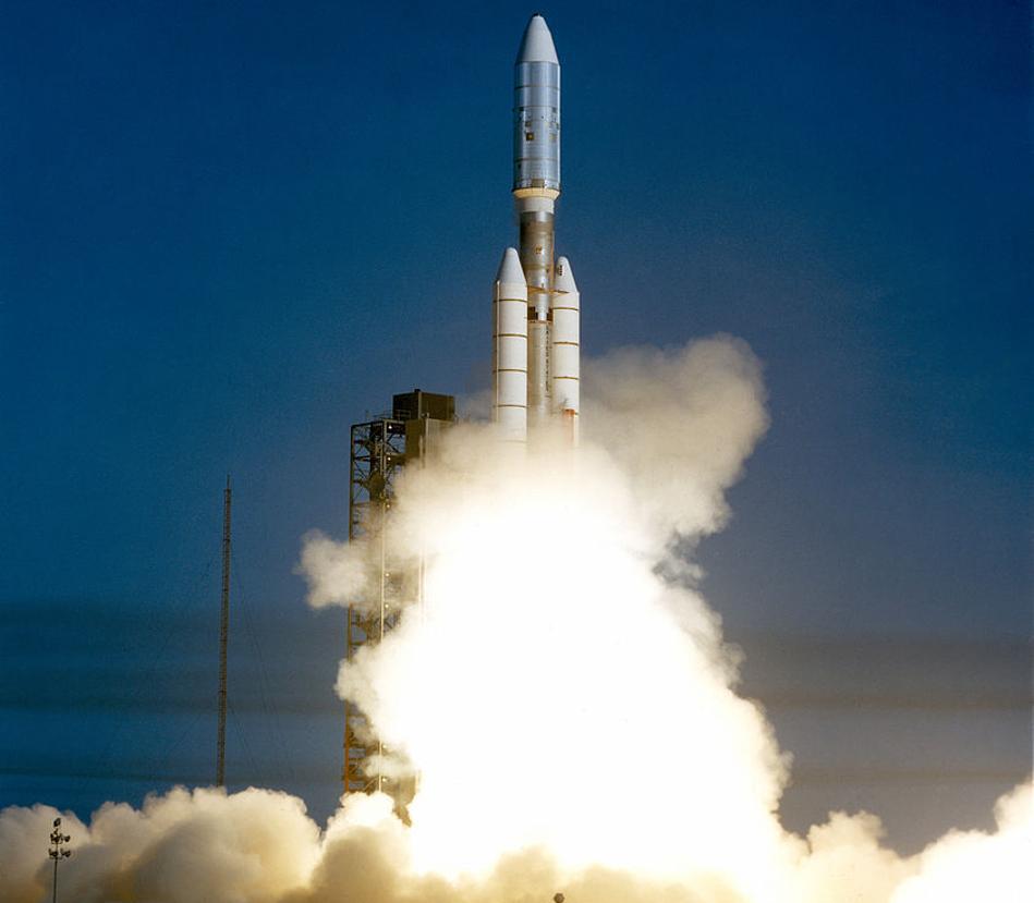 A photograph of the launch of Voyager 1