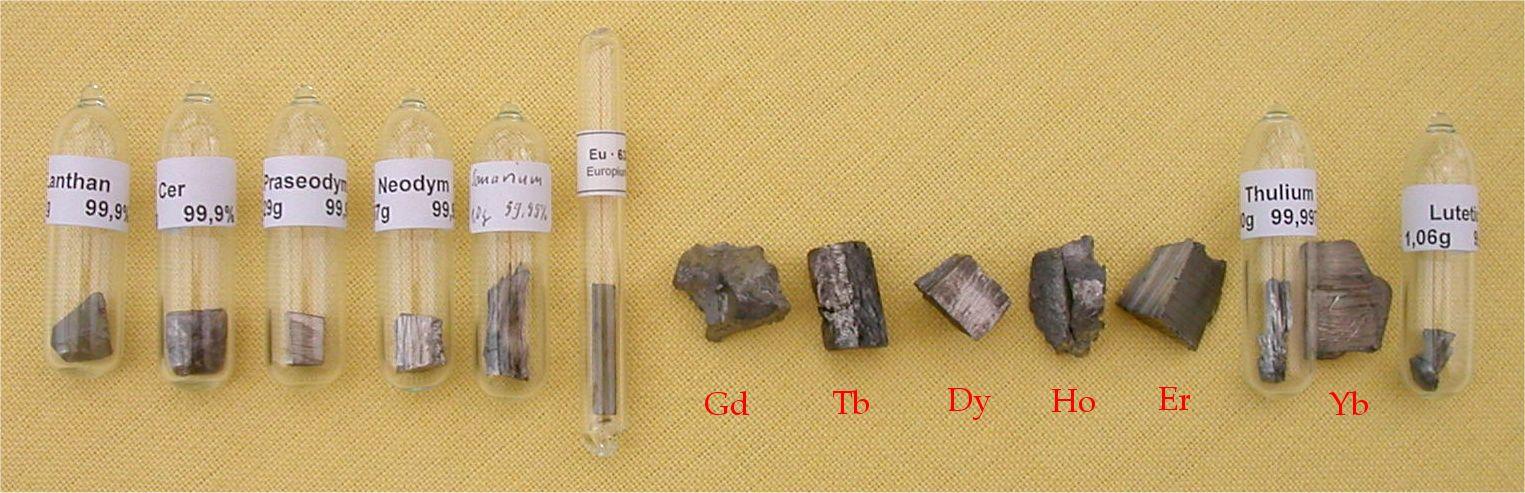 A photograph showcasing numerous Lanthanides in containers