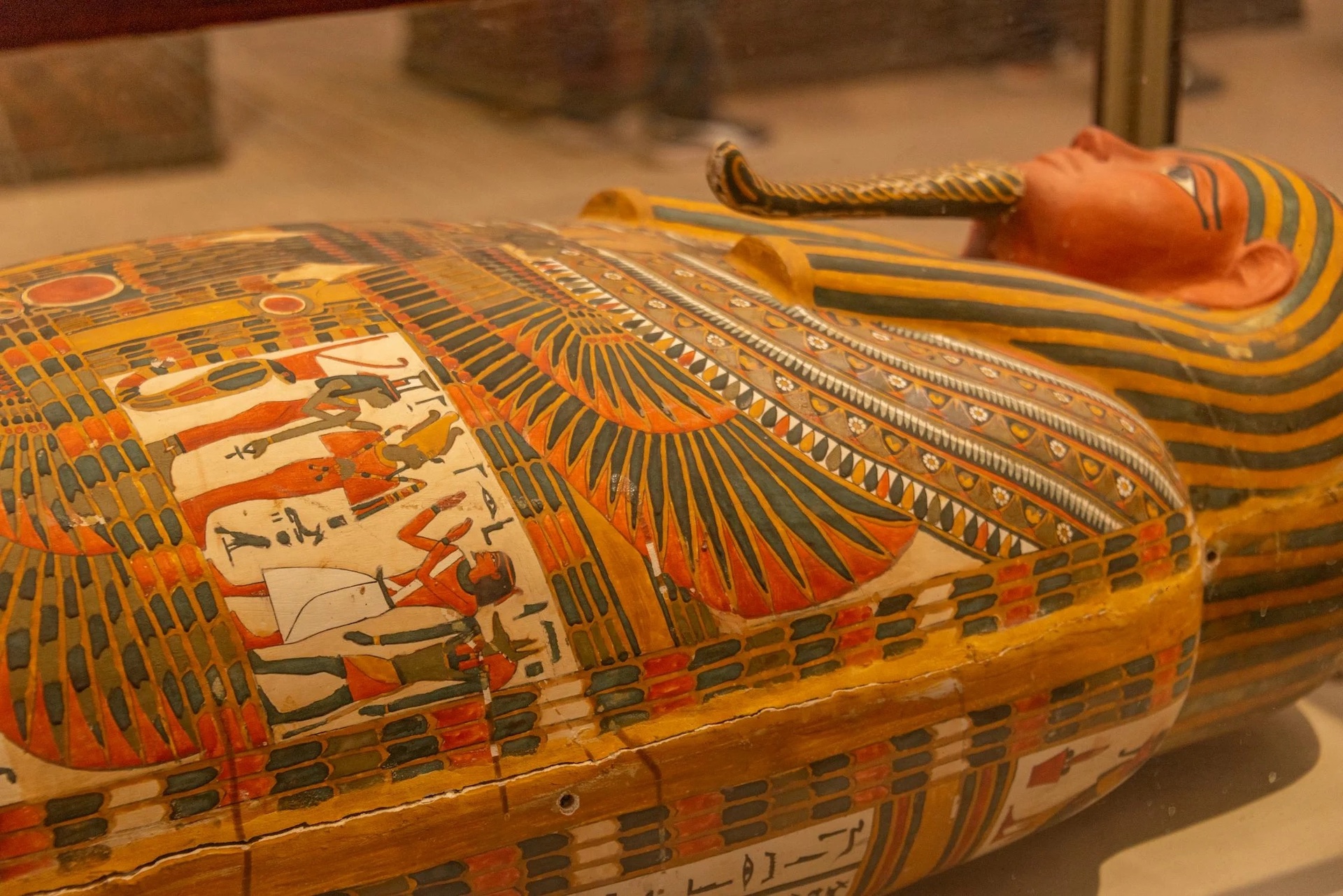 A close up of a sarcophagus of a pharaoh