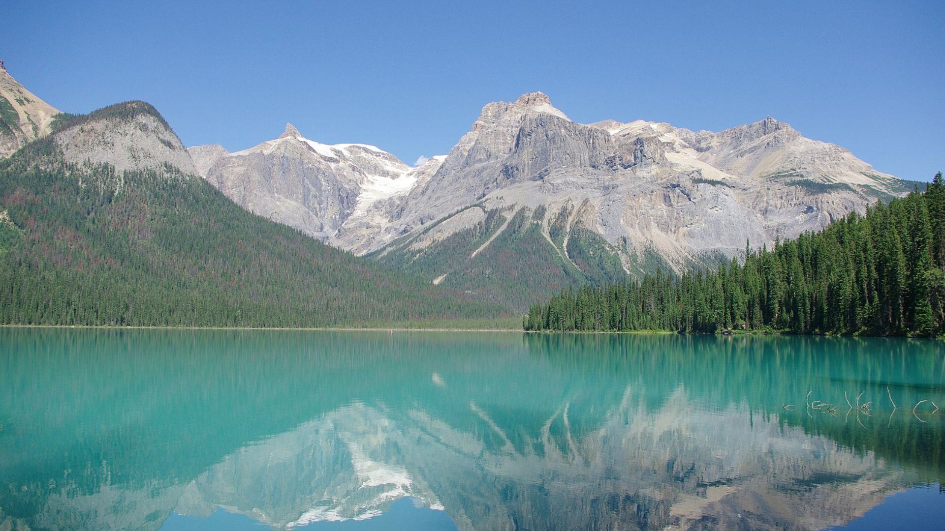 A breathtaking view of a calm, turquoise lake reflecting surrounding forested mountains under a clear blue sky
