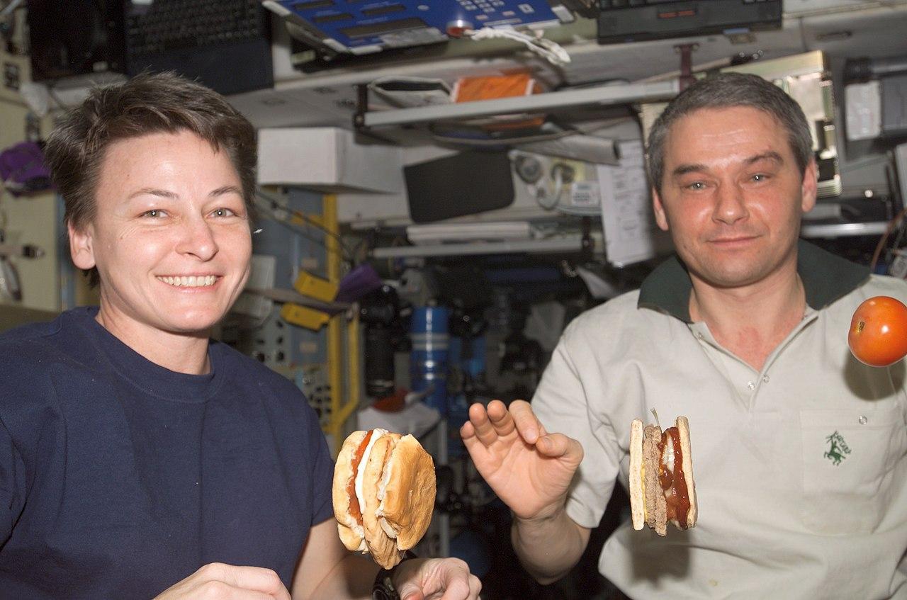 A photograph of two people aboard the International Space Station