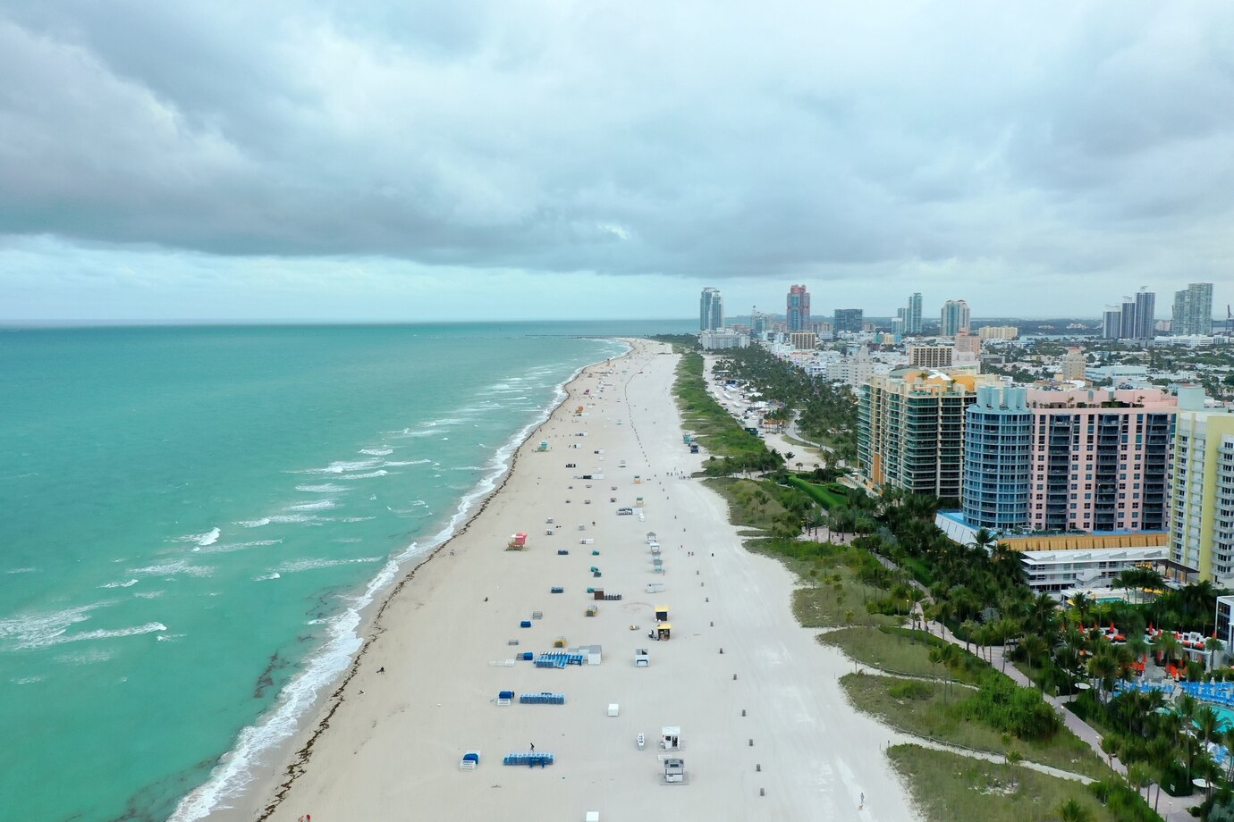 Miami beach with buildings on the right