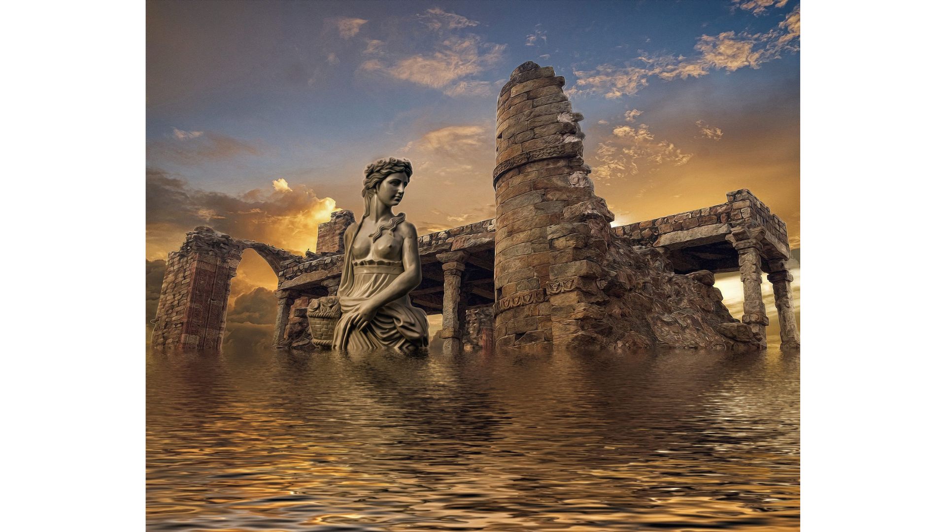Atlantis sea ruins illustration with a temple and statue partially emerged in the sea