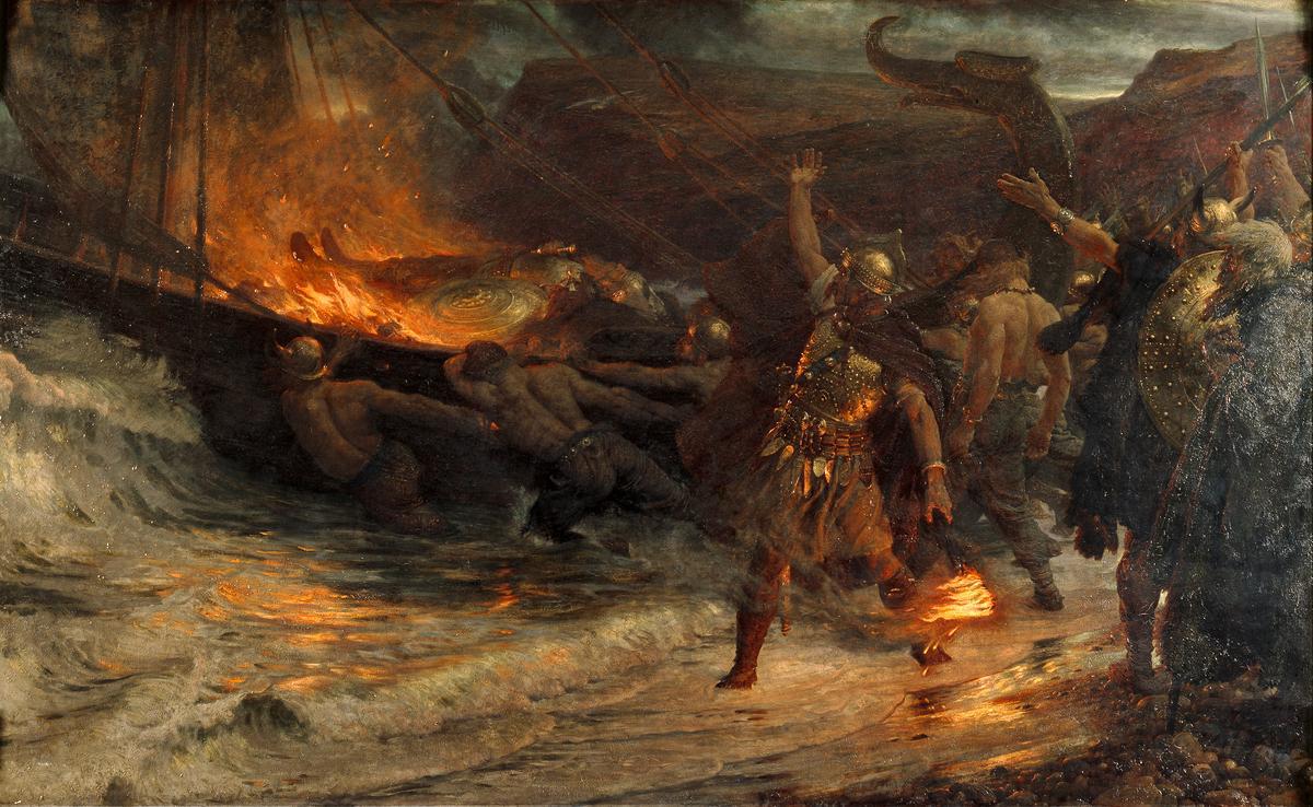 An artist's depiction of a Viking burial