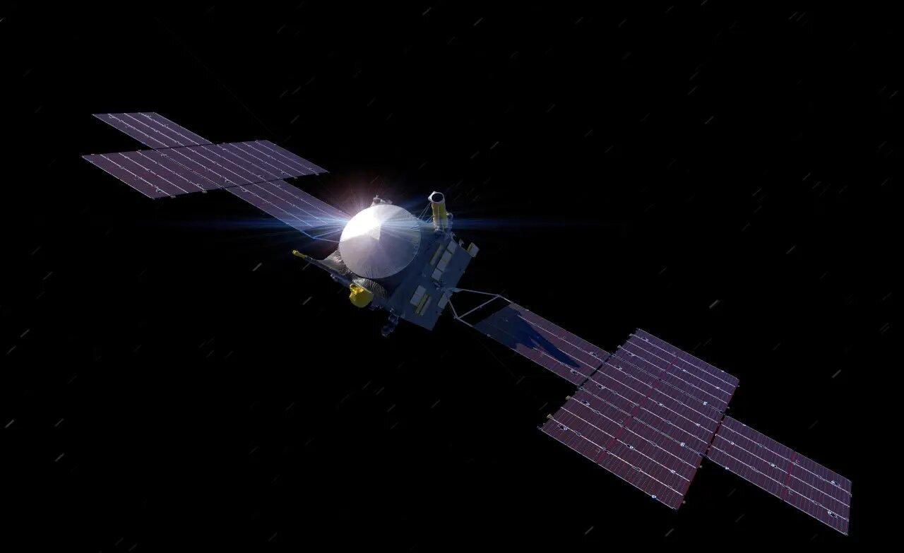 A computer-generated image of the Psyche spacecraft