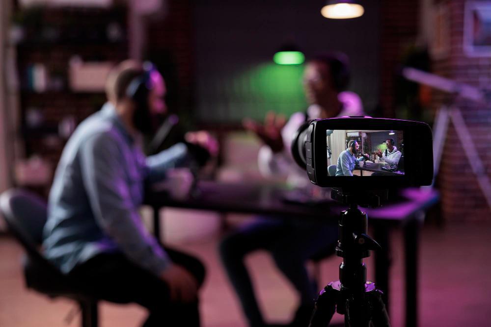 A photograph of two men speaking during an interview