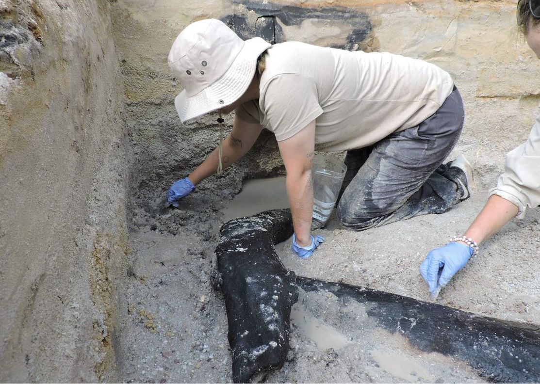 A photograph of an archaeologist inspecting a wooden structure