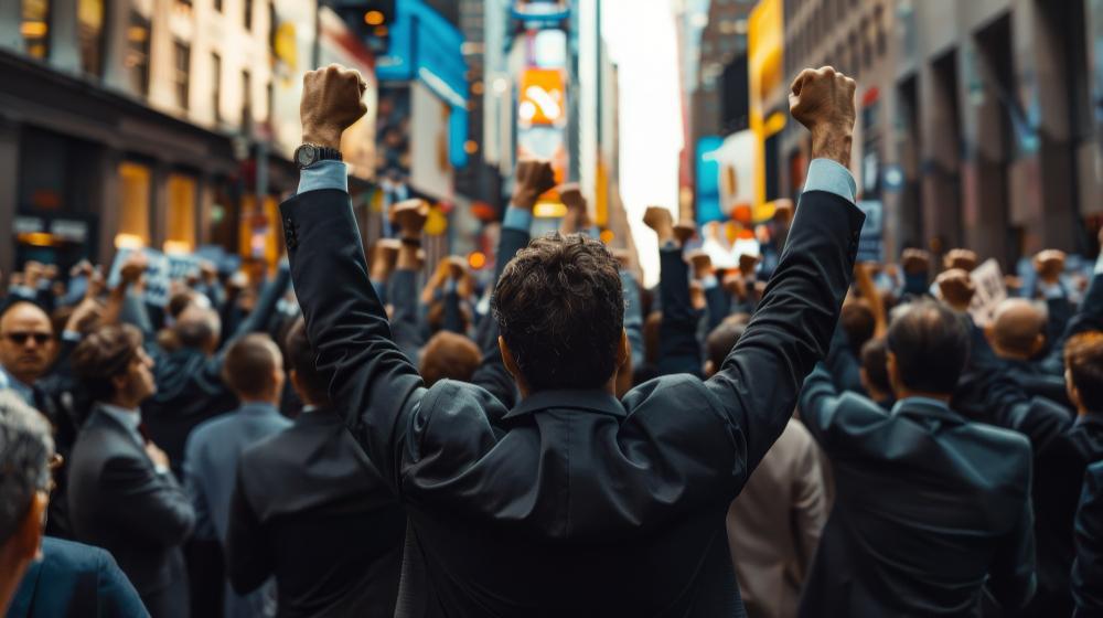 A photograph of a man with his arms raised