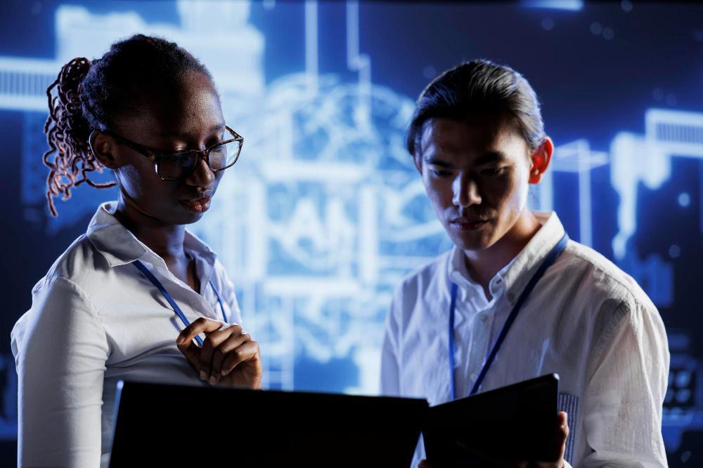 A photograph of two scientific engineers