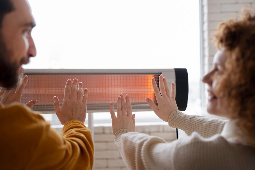 Man and Woman hold their hands against a heater