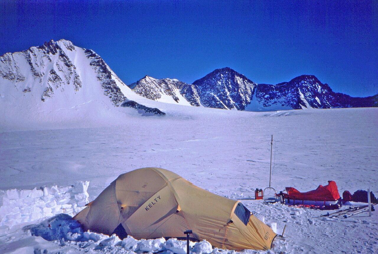 A photograph of campers near the heritage range in Antarctica