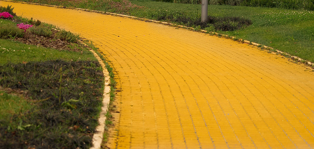 A yellow brick road through a field