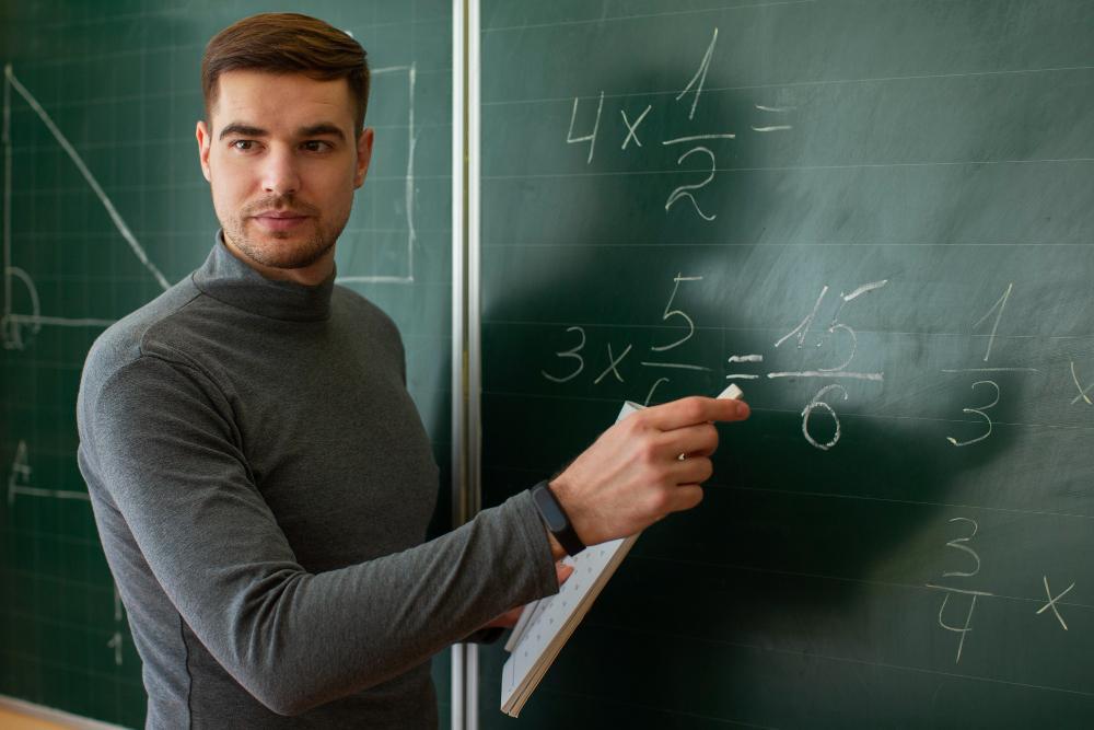 A photograph of a man solving an equation