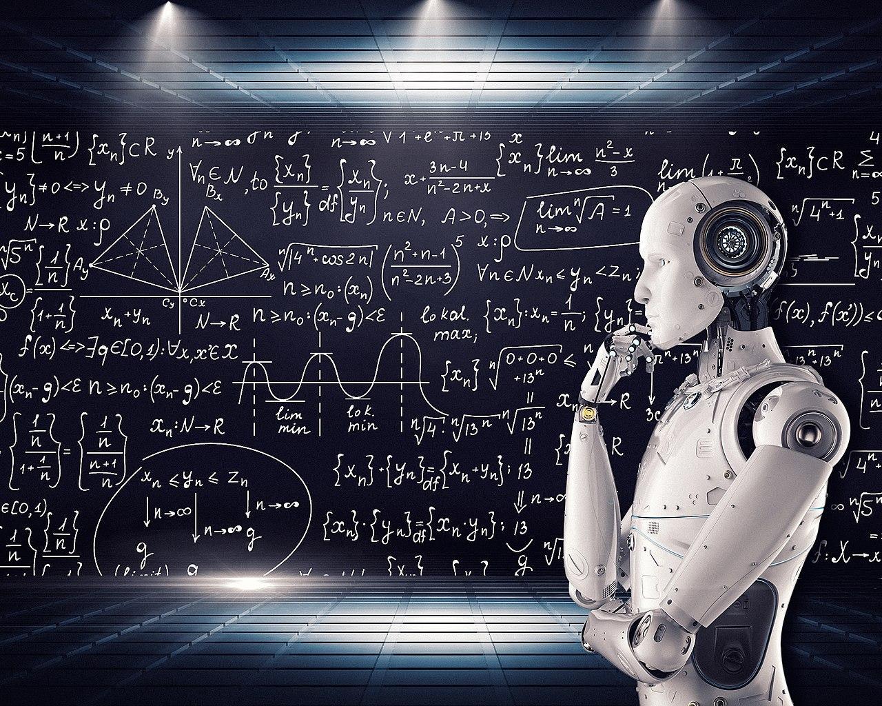 An artist's depiction of an AI robot working on equations