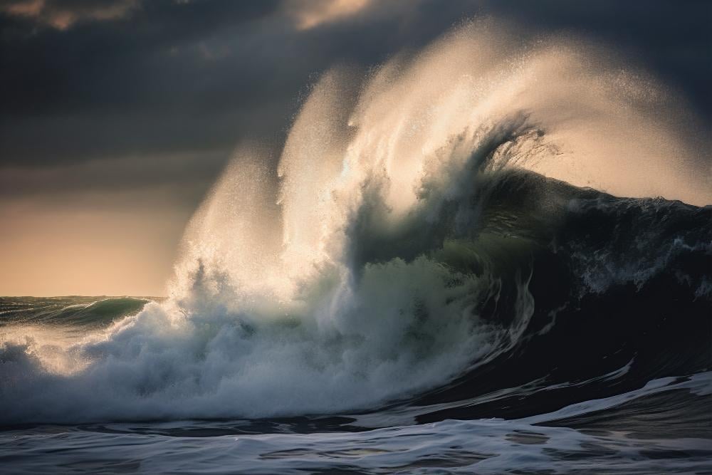 A photograph of several large waves