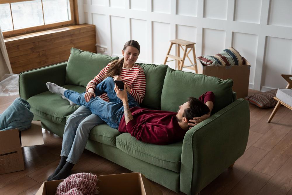 A photograph of two people seated on a couch in their home