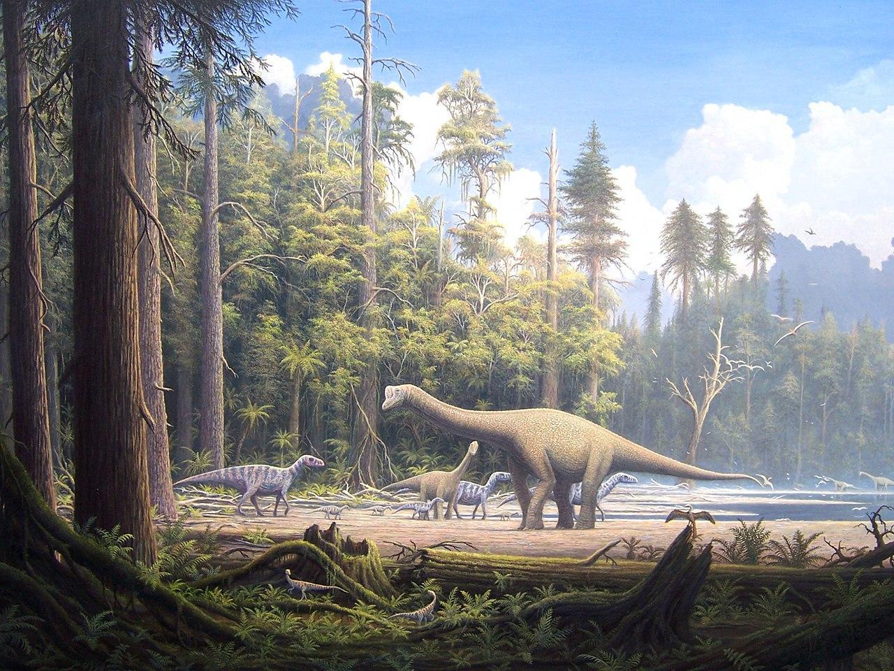 An artist's depiction of dinosaurs during the Jurassic era