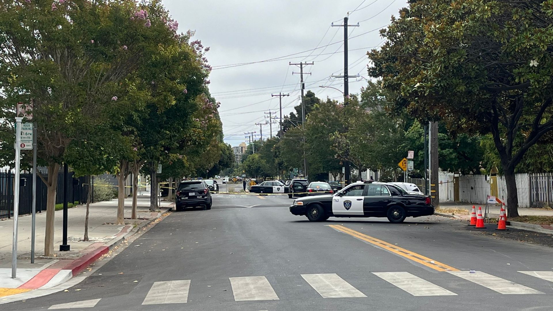 A crime scene on a street with several police cars and yellow caution tape