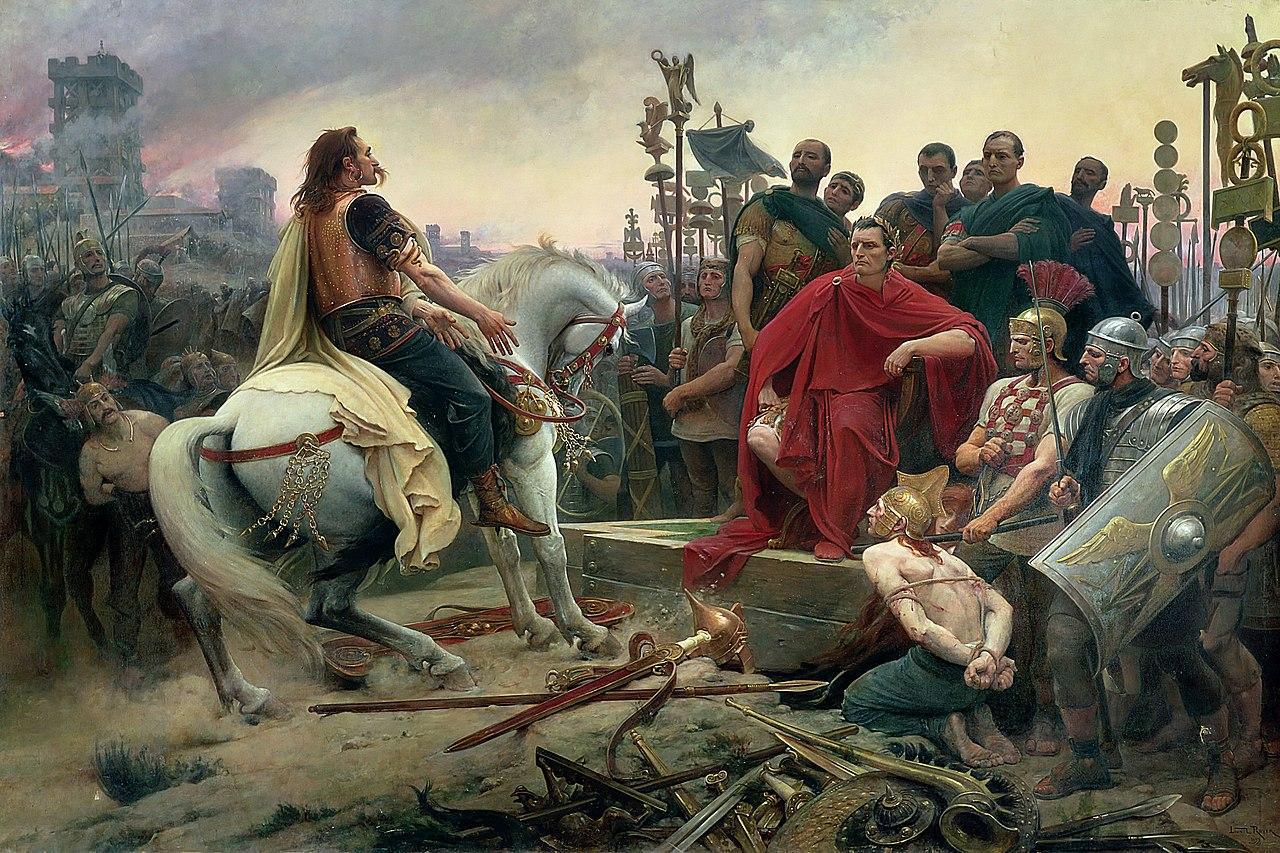 A painting showcasing a Celtic leader meeting with Roman officials and soldiers