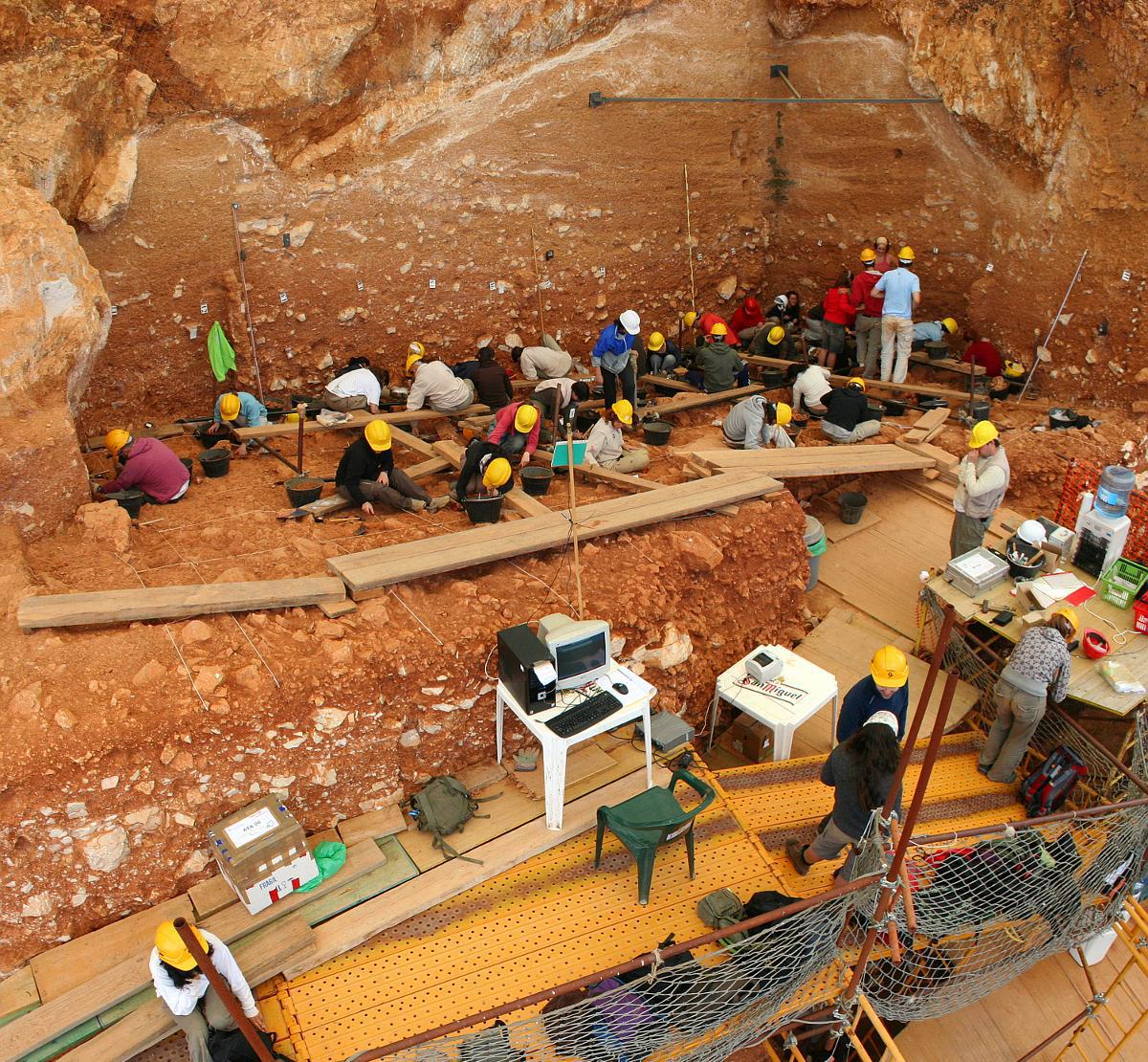 A photograph of a large team of archaeologists working at a site