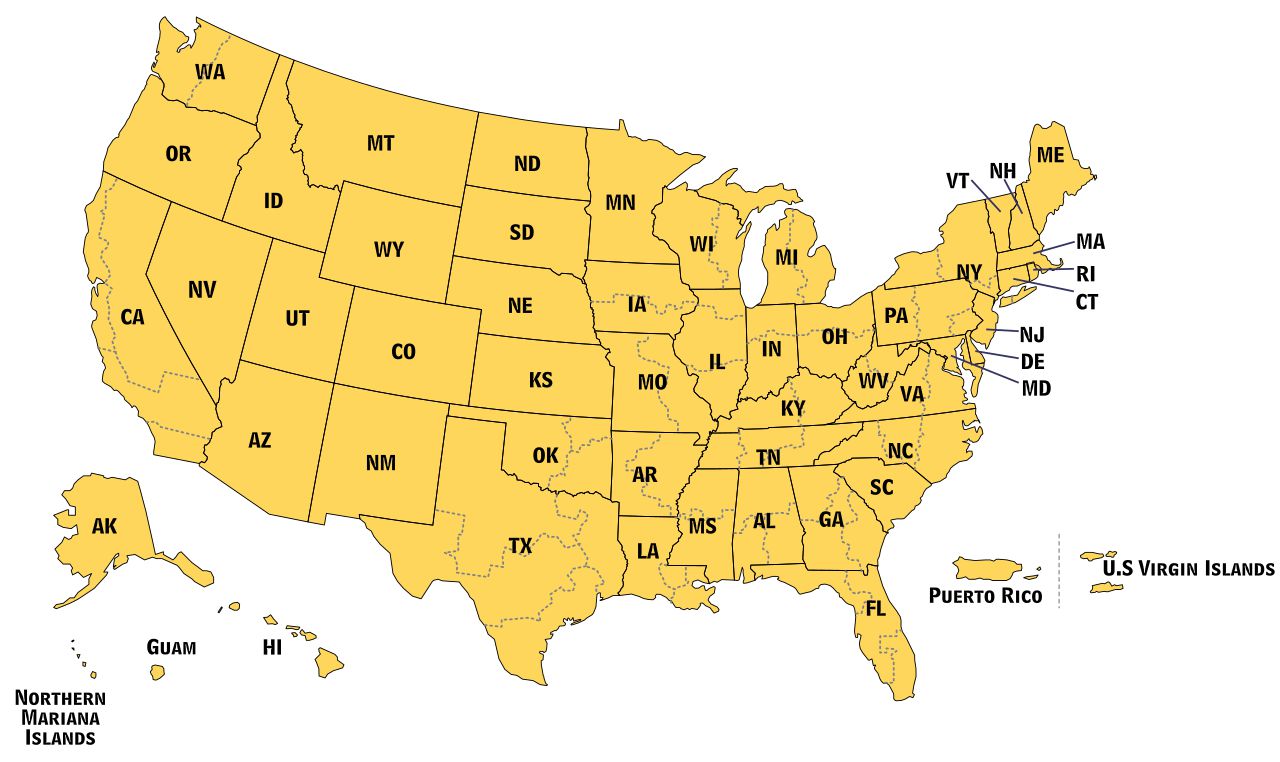 A map detailing the United States and its territories
