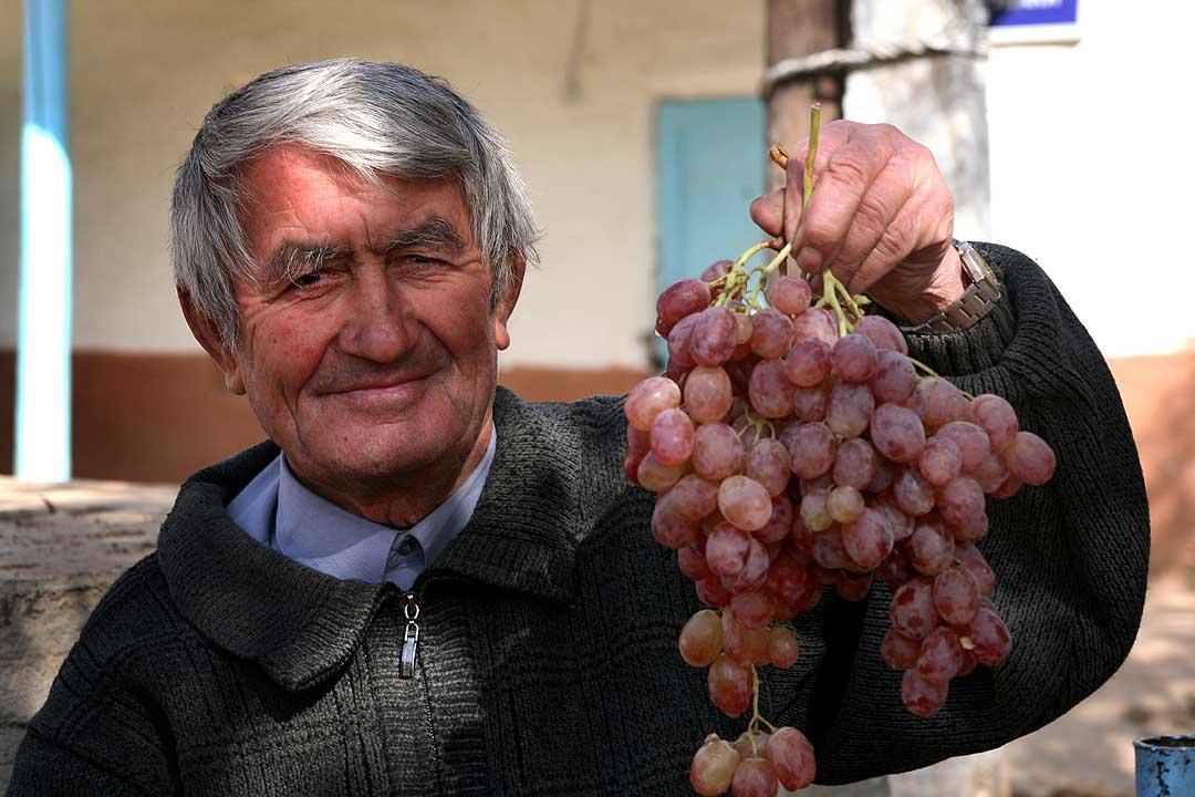 A man from Tajikistan is pictured holding grapes