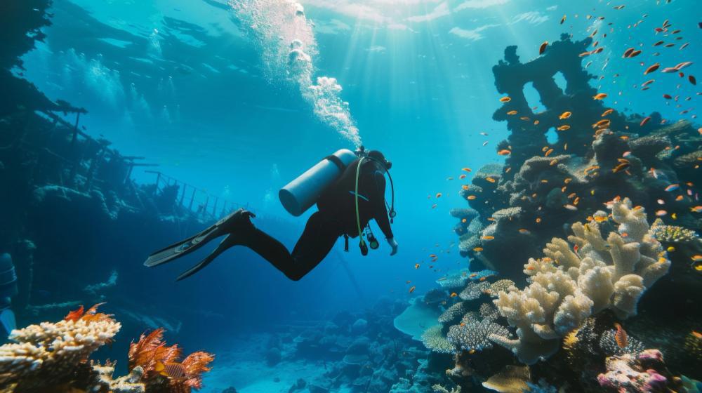 A photograph of a diver swimming underwater