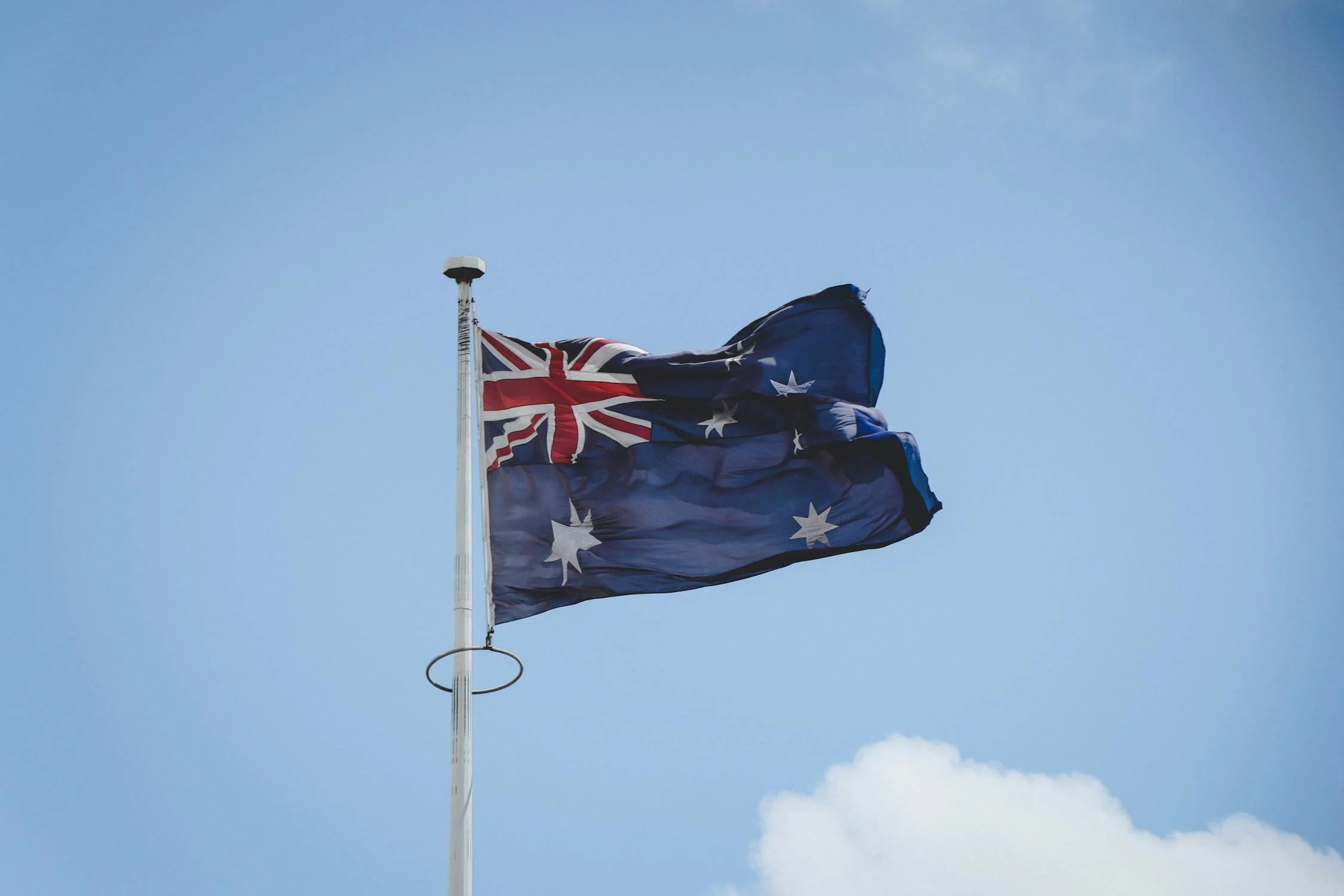 The Flag of Australia Flying Against a Blue Sky