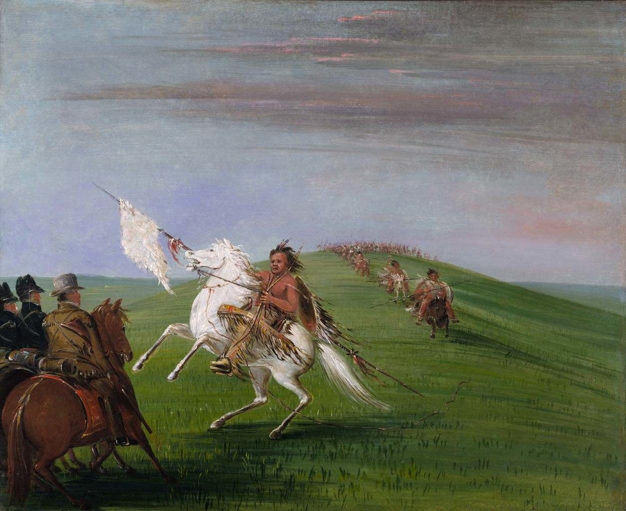 A painting depicts several Comanche warriors on horseback
