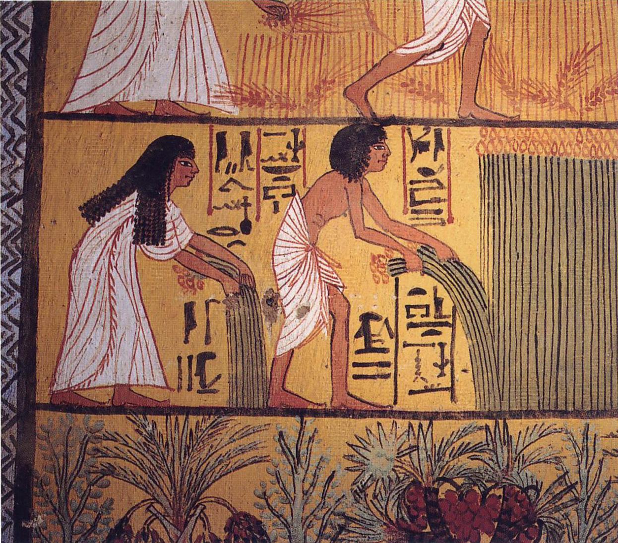 A photograph of a mural depicting an Egyptian harvest