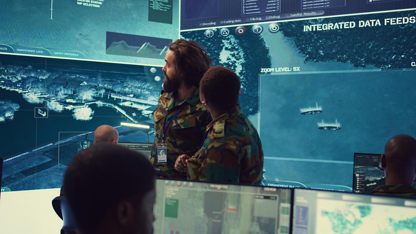 Army officers reviewing important information from enemy lines