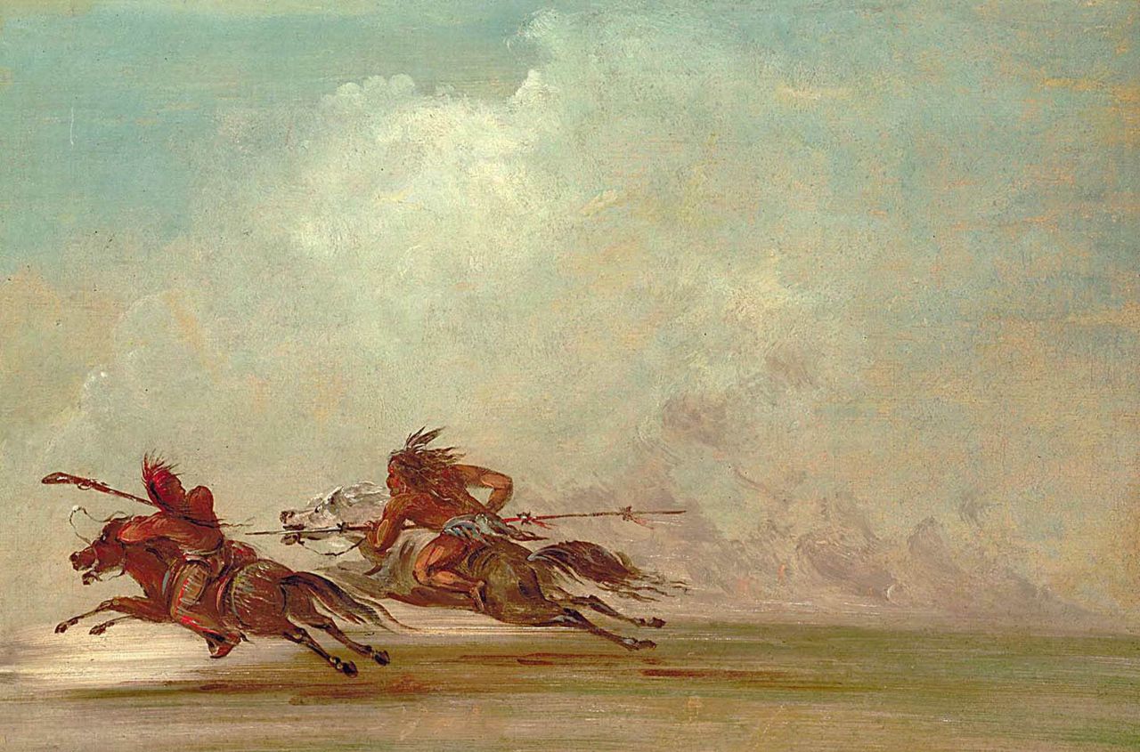 An artist draws two Comanche warriors riding on their horses