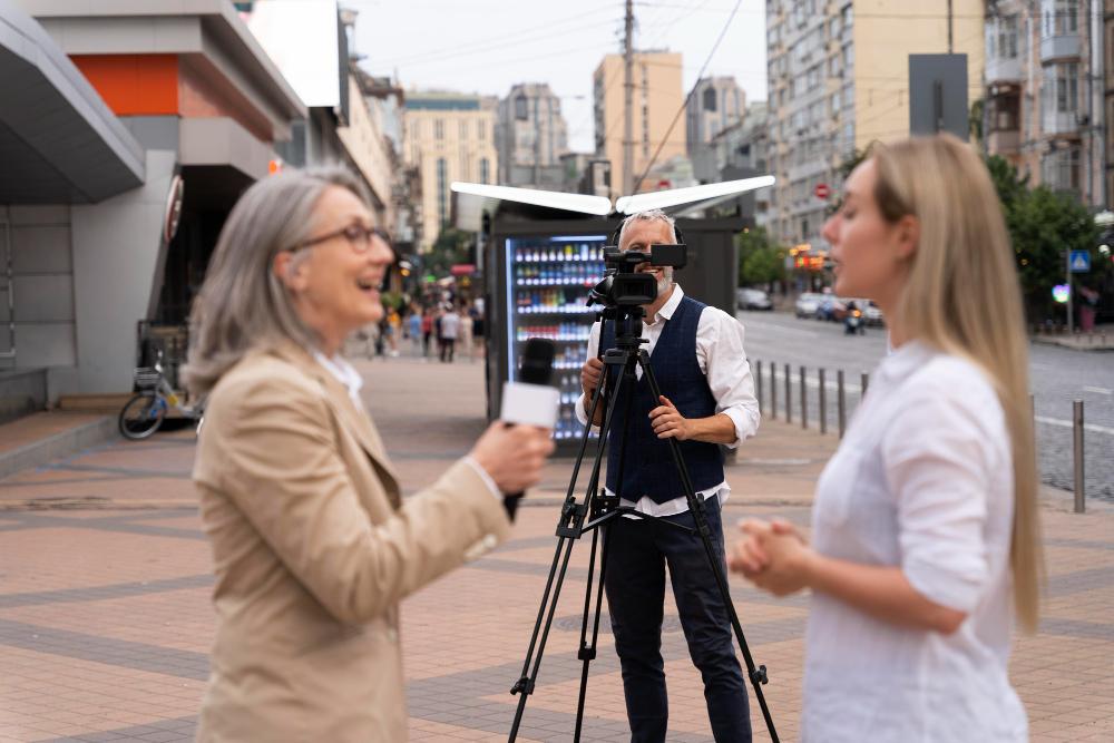 A photograph of a female reporter conducting an interview with a woman on the street