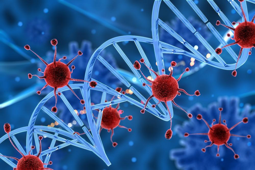 An artist's depiction of red blood cells and strands of DNA